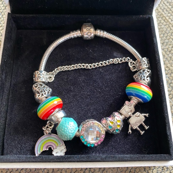 Pandora Snake Bracelet with Colorful Fantasy Love Rainbow Charms Jewelry EUC - Picture 3 of 14